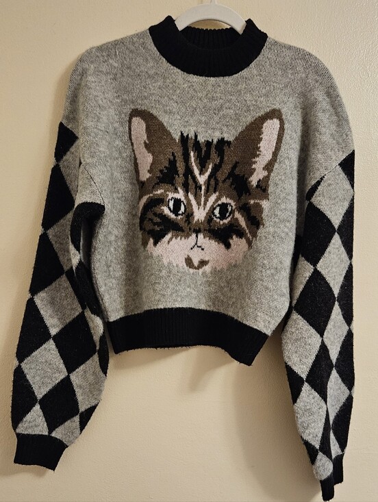 Lazy Oaf Sweaters - Lazy Oaf Grey & Black Kitten Intarsia Sweater